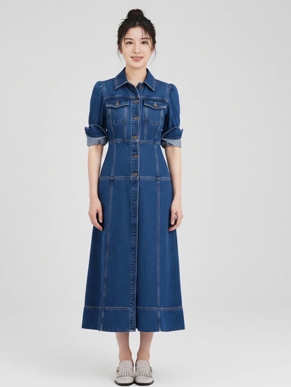 NWT ME+EM Panelled Fit and Flare Midi Denim Dress Size 6